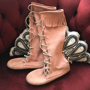 Pink Suede Knee High Moccasin Boots - 8